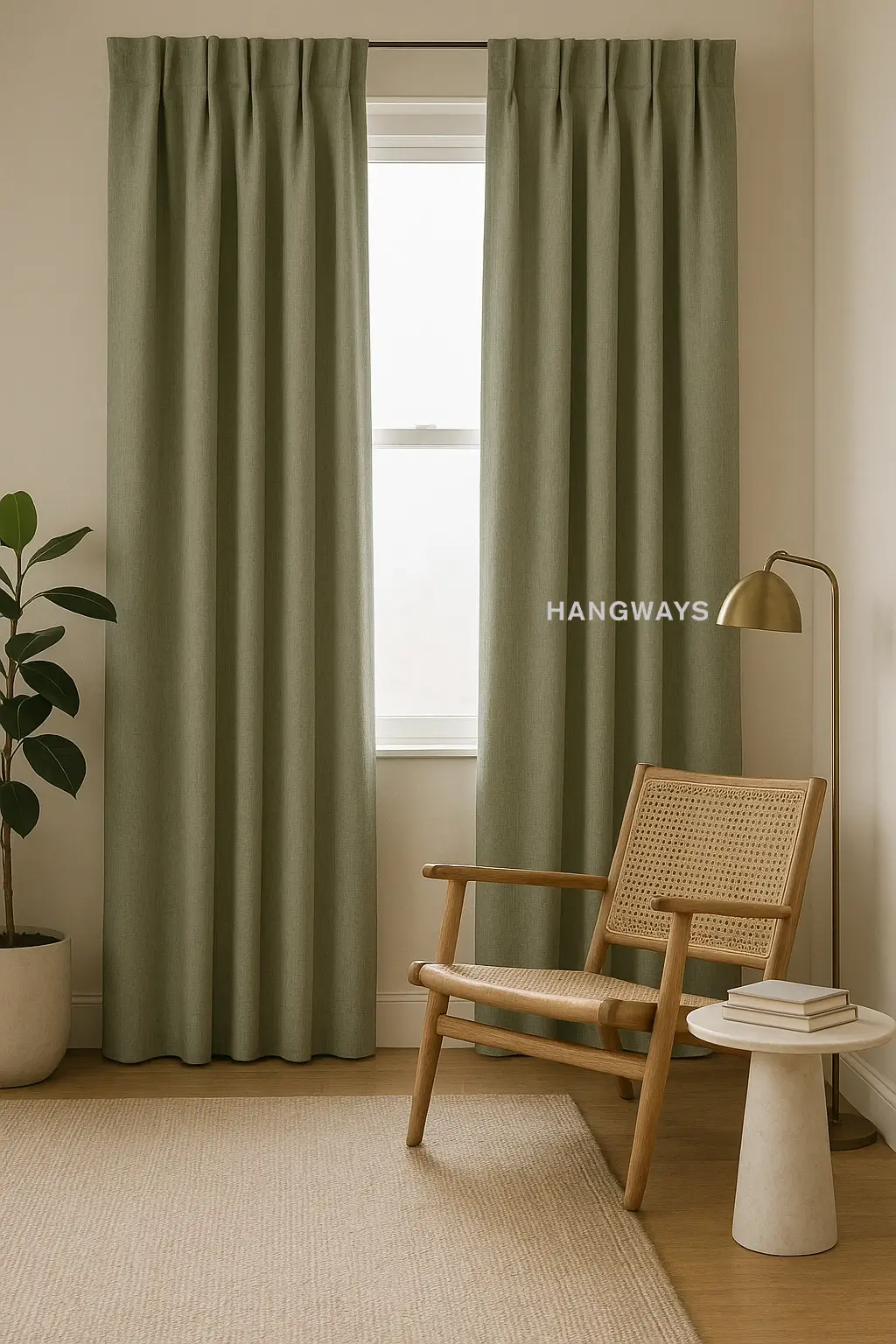 Inverted pleat drapery in neutral fabric