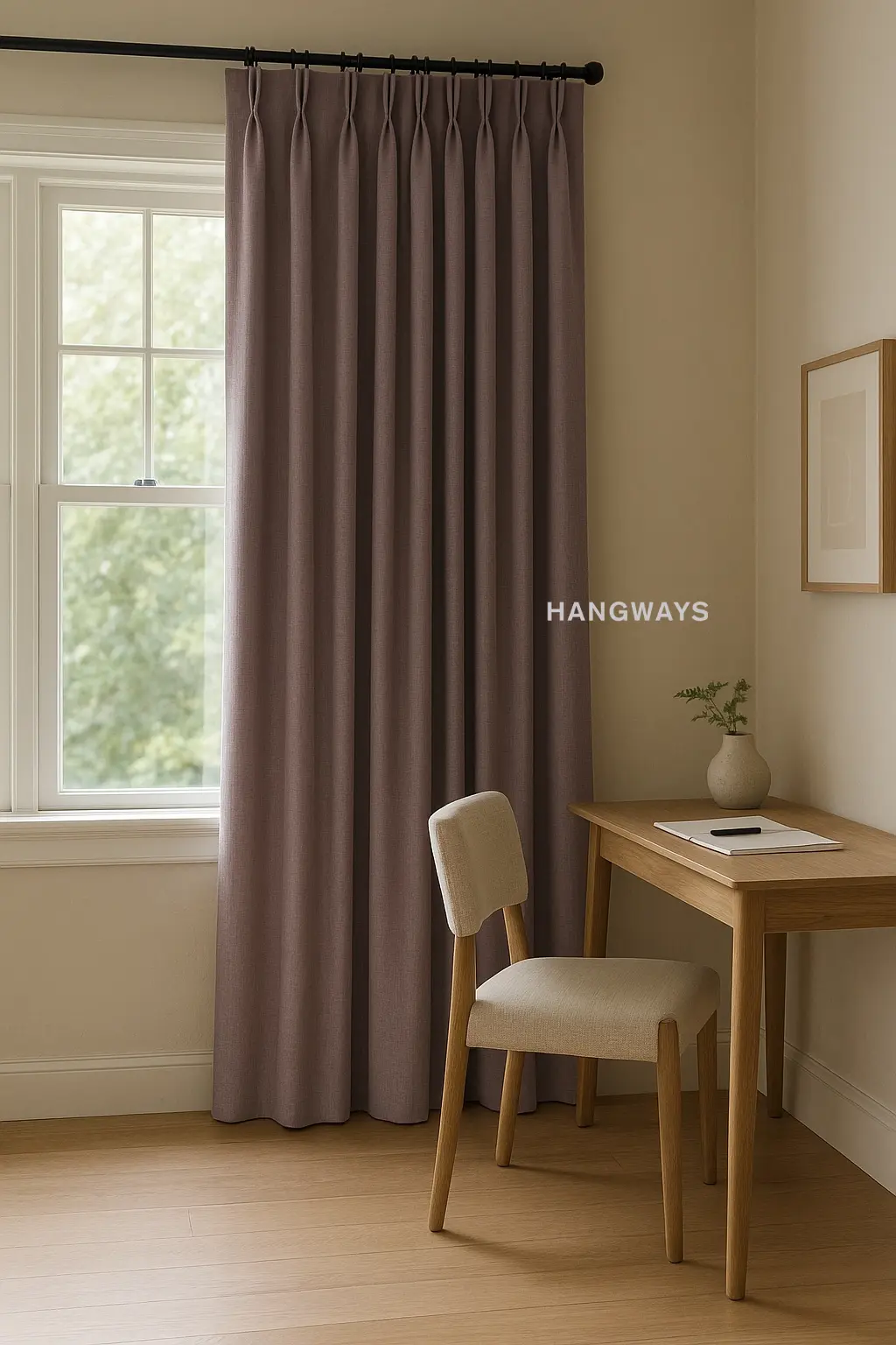 Pinch-pleat shine velvet drapery in a warm, sunlit living room