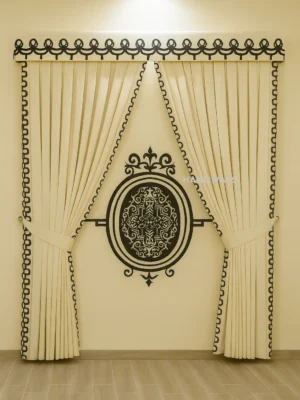 Cream curtains with black loop trim, valance and tiebacks in Arabesque style