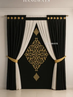 Gold Embroidered Black & White Curtain - Hangways